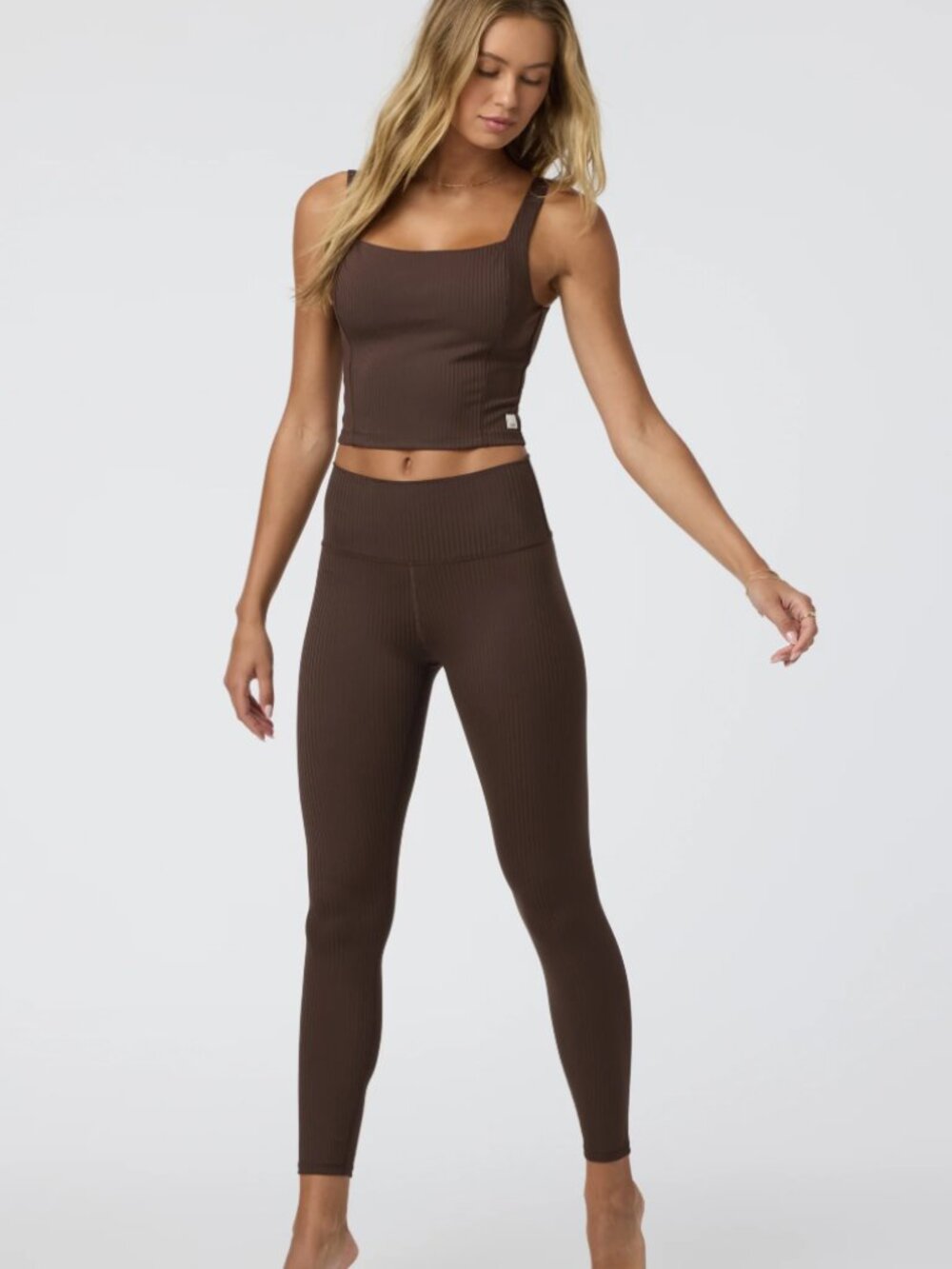 VUORI 2 Piece Matching Set - Inversion Rib Legging and Bra Tank in Java Brown XS